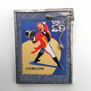 United States Hand Crafted Blue and Yellow Stamp Circus Brooch